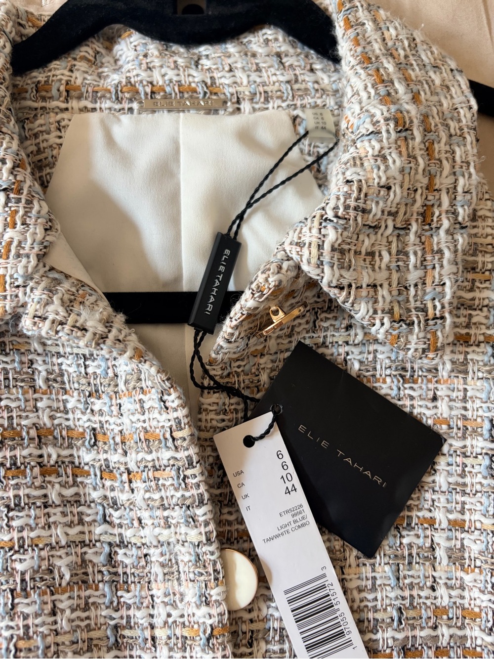 Elie Tahari Cream and Tan Tweed Sleeveless Button Dress - Picture 3 of 5